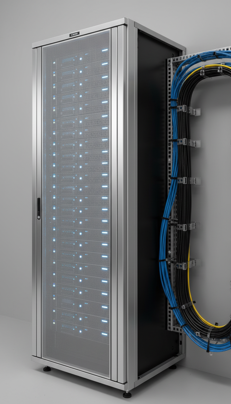 A sleek, high-performance server rack featuring brushed aluminum panels with subtle matte textures and crisp, metallic edges, neatly arranged with LED indicators softly illuminated in cool blue and white. The server is positioned against a smooth, neutral grey wall with organized cable management visible to the side. Overhead daylight-balanced studio lighting casts even illumination, creating crisp lines without harsh shadows. The mood is professional and focused, conveying technological efficiency. Captured at an eye-level, three-quarter view with a centered composition, sharp focus throughout to emphasize cleanliness and order. The photographic realism and clean, modern corporate aesthetic reinforce the IT company's commitment to structured solutions for businesses.